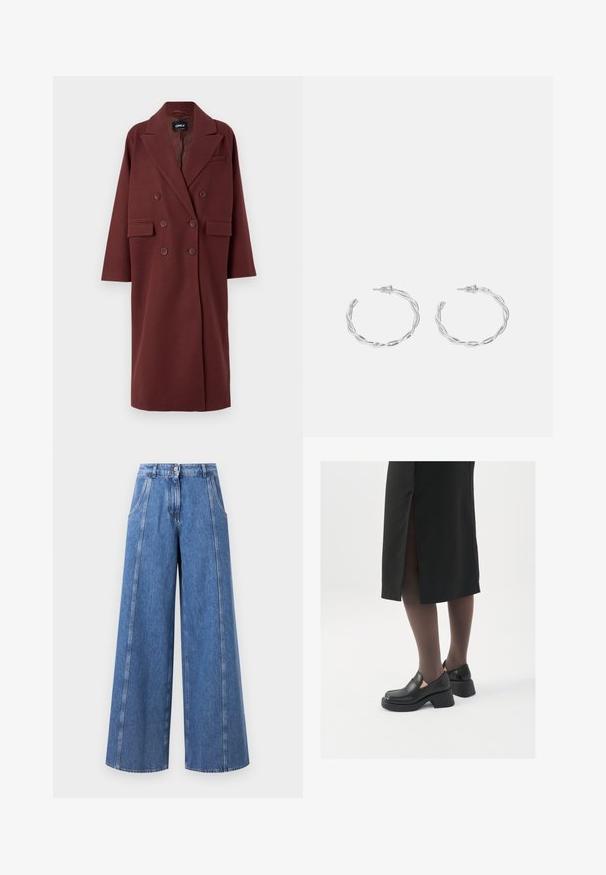 Burgundy, double-breasted coat with a notched collar, side pockets, and a relaxed fit, made from a wool-like texture.; White sleeveless tank top made of ribbed fabric, featuring a rounded neckline and a fitted silhouette, with minimal seams and no embellishments.; Wide-leg blue denim jeans featuring a high waist, prominent seam detailing, and a clean finish without pockets.; Black leather shoes with a rounded toe, thick block heel, and elastic side accents, paired with dark tights and a black skirt with a slit.; Silver hoop earrings with a twisted design, featuring a polished finish and post-back closure. Measure approximately 3 cm in diameter.