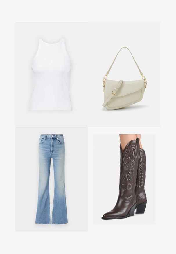 Burgundski, dvoredni plašč z izrezanim ovratnikom, stranskimi žepi in sproščenim krojem, izdelan iz materiala, podoben volni.; Bela brezrokavna majica iz rebraste tkanine, z zaobljenim izrezom in prilegajočim silhueto, z minimalnimi šivi in brez okraskov.; Svetlo modri široki kavbojki iz denima, z visokim pasom, petimi žepi in subtilnim postopnim zbledanjem proti robu.; Rjave usnjene kavbojske čevlje z ostrim nosom in blok peto, ki vsebujejo podrobno šivanje in dvignjene dodatke na zgornjem delu.; Mala kremna torbica z teksturiranim zaključkom, dolgim nastavljivim trakom, verižnim poudarkom in zapiranjem na poklop. Detajli iz zlatega kovinskega materiala.