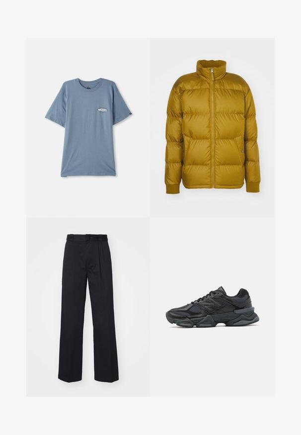 Puff jakke i sennepsgul, med høj krave, frontlynlås og sidelommer. Designet inkluderer quiltede sektioner til isolering.; Blå bomulds t-shirt med korte ærmer, rund hals og et lille logo print på venstre brystområde. Blød tekstur, afslappet pasform.; Sorte buks med brede ben lavet af vævet stof, der har en flad front, bæltestropper og sidelommer med en glat tekstur.; Sorte løbesko med en blanding af mesh og syntetiske materialer, kraftig sål, buet design og fremtrædende branding på siden.