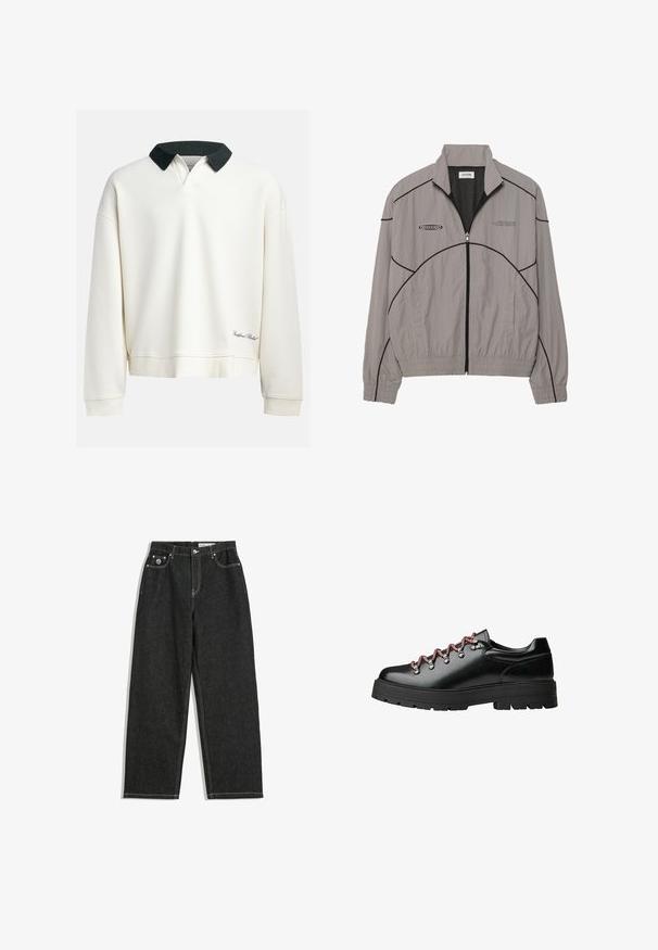 Giacca a vento grigio chiaro con cuciture nere, chiusura zip anteriore, fodera in mesh, colletto alto e due tasche laterali. Logo del marchio sul petto.; Pullover a girocollo in cotone bianco sporco con colletto verde scuro a contrasto. Presenta una texture a coste e un logo ricamato vicino all'orlo.; Jeans neri a gamba dritta con cuciture bianche, design a cinque tasche, chiusura con bottone e cerniera, e un piccolo logo sulla tasca frontale destra.; Scarpa da escursionismo in pelle nera con lacci rossi e bianchi, grandi fori per i lacci e suola spessa e tassellata per aderenza e stabilità.