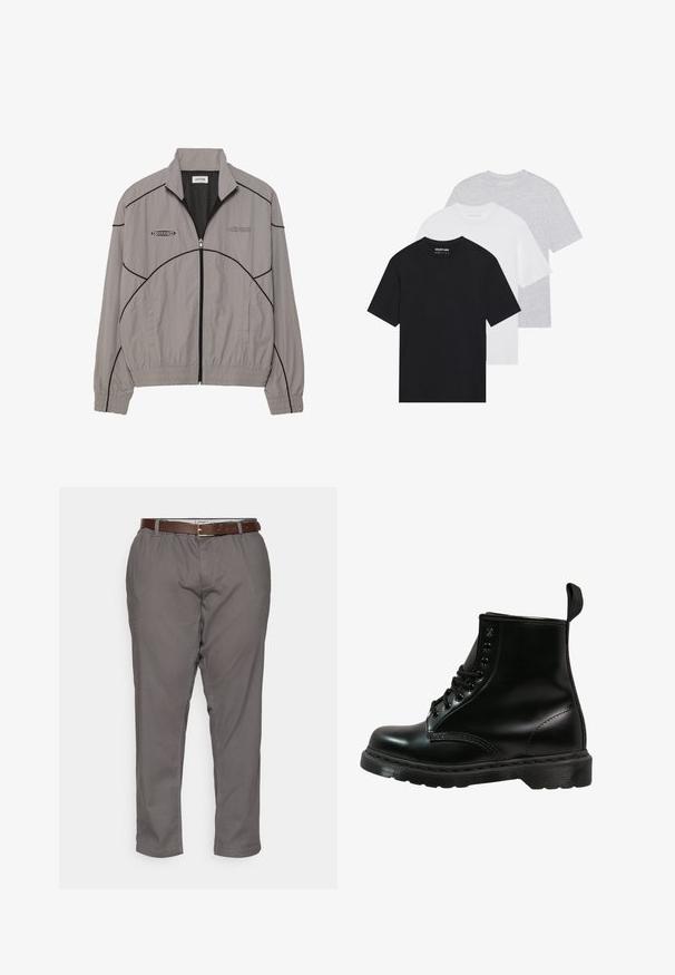 Veste coupe-vent gris clair avec couture d'accent noir, fermeture éclair sur le devant, doublure en mesh, col monté et deux poches latérales. Logo de la marque sur la poitrine.; Ensemble de trois t-shirts basiques en noir, blanc et gris clair. Manches courtes, col rond, fabriqués en coton lisse. Logo de la marque visible.; Pantalon gris avec une coupe décontractée, doté d'une ceinture en cuir marron, de poches latérales et d'une texture de tissu lisse. Ourlé aux chevilles.; Botte en cuir noir avec bout rond, design à lacets, six œillets et semelle en caoutchouc texturée. Comprend une languette à l'arrière.