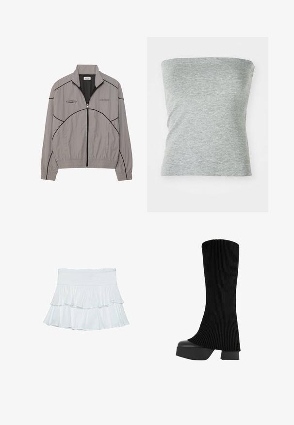 Hellgraue Windbreaker-Jacke mit schwarzen Akzentnähten, Reißverschluss vorne, Mesh-Futter, Stehkragen und zwei Seitentaschen. Markenlogo auf der Brust.; Graues, trägerloses Oberteil aus weichem, elastischem Stoff. Verfügt über ein einfaches Design mit glatter Textur und ohne sichtbare Nähte.; Weißer, gestufter Rock aus weichem, leichtem Stoff. Verfügt über einen gerafften Bund und fließende Rüschen, die Volumen und Bewegung erzeugen.; Schwarze knielange Stiefel mit einem gerippten Stoffobermaterial, klobiger Plateausohle und Blockabsatz, ausgestattet mit einer glatten Textur und elegantem, modernem Design.