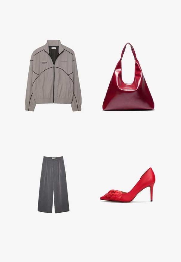 Veste coupe-vent gris clair avec couture d'accent noir, fermeture éclair sur le devant, doublure en mesh, col monté et deux poches latérales. Logo de la marque sur la poitrine.; Deux débardeurs en noir et blanc ; chacun présente des bretelles fines et réglables, une texture lisse et un design simple aux coupes droites.; Pantalons larges plissés en tissu gris foncé avec une texture subtile. Présente une fermeture à bouton et un design de taille classique.; Chaussure à talon aiguille en cuir rouge avec un bout pointu et un détail d'appliqué floral sur la boîte à orteils. Texture lisse avec un talon stiletto.; Sac à main en cuir laqué rouge de forme triangulaire, avec une large ouverture en haut et une seule anse courbée. Texture lisse avec des détails de couture minimaux.