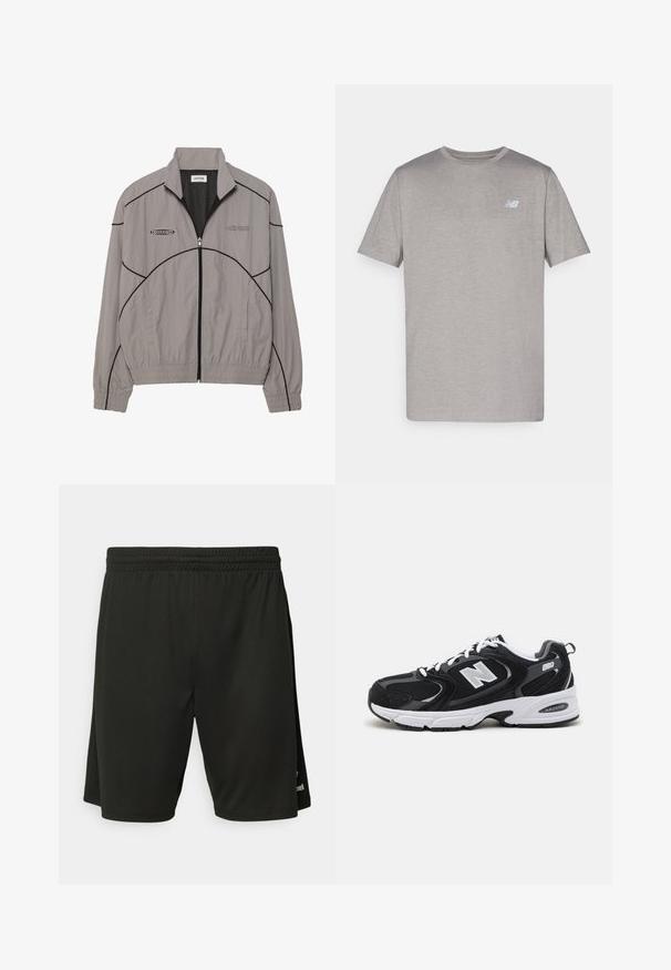 Hellgraue Windbreaker-Jacke mit schwarzen Akzentnähten, Reißverschluss vorne, Mesh-Futter, Stehkragen und zwei Seitentaschen. Markenlogo auf der Brust.; Grau Kurzarm-T-Shirt aus weichem Material mit einem dezenten Logo in Hellblau auf der linken Brust. Rundhalsausschnitt, normale Passform.; Schwarze sportliche Shorts aus leichtem Material, ausgestattet mit einem elastischen Bund und flachen Nähten. Enthält dezentes Logodetail am Saum.; Schwarze und graue Sportschuhe mit Obermaterial aus Mesh und Wildleder, ausgestattet mit einer weißen Zwischensohle, Schnürsenkeln und einem markanten "N"-Logo an der Seite.