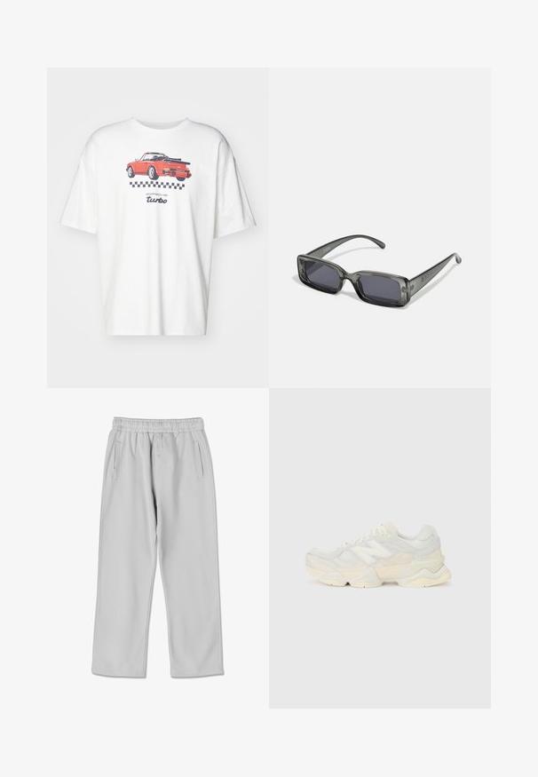 Šviesiai pilkas vėjo nepraleidžiantis džemperis su juodais dekoratyviais siūlėmis, užtrauktuko priekyje, su tinklelio pamušalu, stovinčiu laikikliu ir dviem šoninėmis kišenėmis. Prekės ženklas ant krūtinės.; Balta medvilninė marškinėlių su raudonos sportinio automobilio grafika, ant kurios parašyta "Porsche turbo", o žemiau dizaino yra juodas langeliais raštas.; Šviesiai pilkos, taperio formos sportinės kelnės su elastingu liemeniu, dviem šoniniais kišenėmis ir subtiliu logotipo akcentu priekyje. Minkšta tekstūra.; Lengvas sportinis batelis su tinklinio ir zomšinės viršutine dalimi švelniu kremo atspalviu, turi masyvų pado dizainą ir trimatį akcentą.; Stačiakampiai saulės akiniai su permatomu tamsiai pilku rėmu, tamsiais objektyvais ir plonomis kojelėmis. Rėme matomas ryškus logotipo detalizavimas.