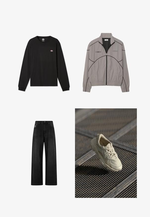Light gray windbreaker jacket with black accent stitching, zip front, mesh lining, stand collar, and two side pockets. Brand logo on chest.; Black long-sleeve t-shirt in cotton, featuring a small multi-colored Dickies logo on the left chest area and ribbed cuffs.; Wide-leg black denim pants with a high waist, featuring four pockets and a small logo tag on the front. Smooth texture, basic design.; Beige sneaker with textured fabric, contrasting smooth accents, rounded sole, and laces, suspended above a gridded surface.