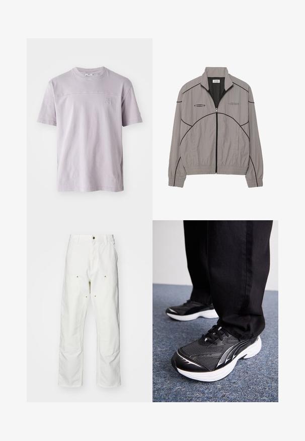 Svetlo siv vetrni jakna z črnimi kontrastnimi šivi, z zadrgo spredaj, mrežasto podlogo, stoječim ovratnikom in dvema stranskima žepoma. Logotip blagovne znamke na prsih.; Kratke rokave vijolična bombažna majica z okroglim izrezom in neopaznim logotipom na prsih. Gladka tekstura, sproščen kroj.; Bela bombažna cargo hlače z udobnim krojem. Značilnosti vključujejo sprednje žepe, zlato poudarjeno kovinsko opremo in ojačane kolenske dele.; Črne športne čevlje z mrežasto površino, belim podplatom in črnimi detajli. Podplat ima teksturo. Nošeni so z črnimi hlačami na modri preprogi.