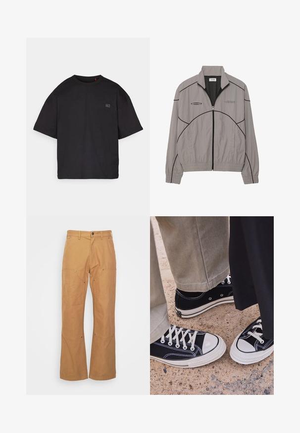 Světle šedý větrový kabát s černým kontrastním prošíváním, zip na přední straně, síťovaná podšívka, stojáček a dvě boční kapsy. Logo značky na hrudi.; Černé oversized tričko s krátkým rukávem a kulatým výstřihem, s malou obdélníkovou nášivkou na levé straně hrudi.; Tan cargo kalhoty vyrobené z odolné látky, s bočními kapsami, kovovými prvky, rovnými nohavicemi a standardním pasem.; Černé plátěné tenisky s bílými gumovými špičkami a tkaničkami. Protišvy a kovové očko dodávají detail. Nosené s béžovými kalhotami a černou látkou.