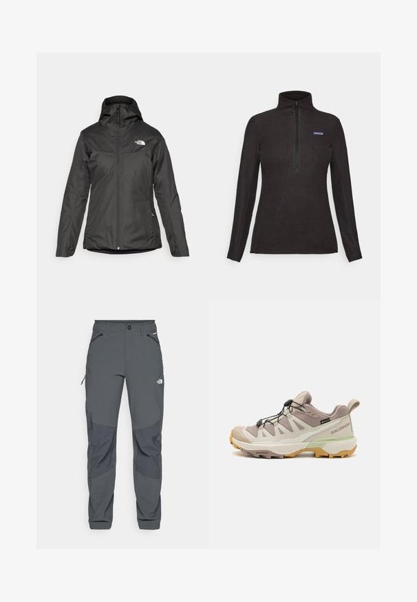 Svart isolerad jacka med huva, fullständig dragkedja fram och elastiska manschetter. Tillverkad av mjukt, vattenavvisande material med logotypdetalj.; Svart texturerad fleecepullover med långa ärmar, en kvartdragkedja framtill och en liten logotyp på vänster bröst.; Mörkgrå utomhusbyxor med förstärkta knäpartier, dragkedjefickor på sidorna och fram, knappstängning och The North Face-logotyp på låret.; Lättvikts vandringsskor med en design i beige och mintgrön. Texturerad ovandel, gummisula, snabb snörningssystem och kontrasterande gula accenter.