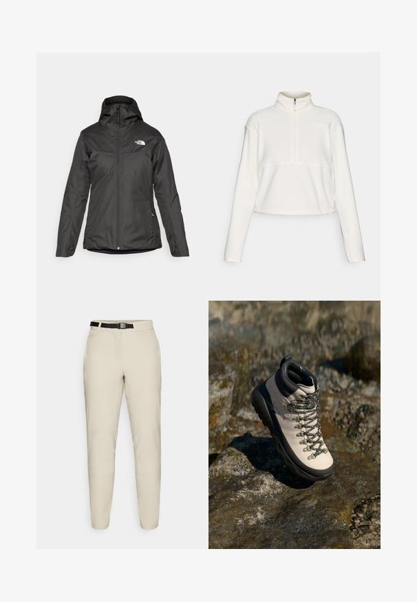 Fekete, szigetelt dzseki kapucnival, teljes elülső cipzárral és rugalmas mand zsebekkel. Zömében sima, vízálló anyagból készült, logó részlettel.; Krém színű, cropped fleece pulóver magas gallérral, félig cipzárral és kis logóval a mellrészen. Puha textúra és laza fazon.; Beige színű, karcsú szabású nadrág, sima anyagból, fekete, állítható derékkal és oldalzsebekkel.; Világos bézs túracipő, fekete gumitalppal, rugalmas felsőrésszel, fémből készült fűzőlyukkal és szürke fűzőkkel, sziklás felületen elhelyezve.