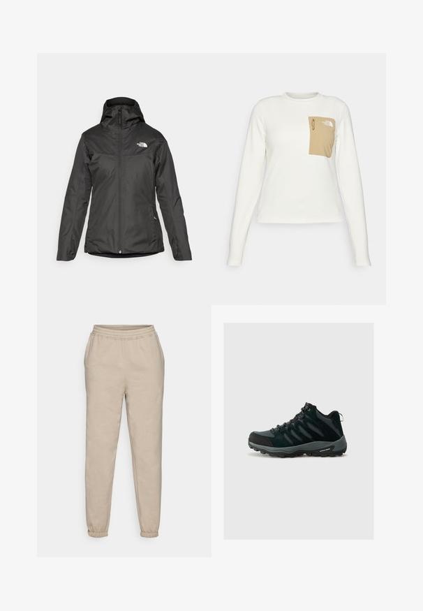 Schwarze isolierte Jacke mit Kapuze, durchgehendem Reißverschluss und elastischen Bündchen. Hergestellt aus glattem, wasserabweisendem Material mit Logodetail.; Weißes Langarmhemd aus strukturiertem Stoff mit einer beigen aufgesetzten Tasche, die einen Kordelzug und ein Logo trägt.; Beige Jogginghosen aus weichem Baumwollmixstoff. Mit elastischem Bund und schmal zulaufenden Bündchen für eine lässige Passform.; Columbia REDMOND - Hikingschuh - black/citron haze