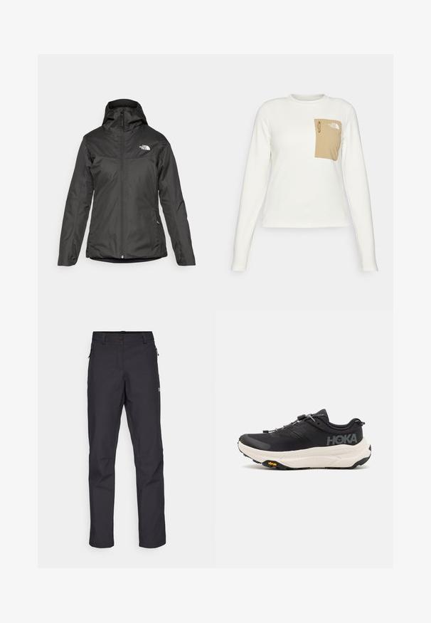 Črna izolirana jakna s kapuco, polnim sprednjim zadrgo in elastičnimi manšetami. Narejena iz gladkega, vodoodpornega materiala z logotipom.; Bela srajca z dolgimi rokavi iz teksturiranega blaga z bež žepom, ki ima vrvico in logo.; Črne zunanji hlače s ravno nogo, narejene iz trpežnega blaga, z stranskimi žepi na zadrgo in gumbom za zapenjanje v pasu.; Črne športne copate z zračnim mrežastim zgornjim delom, gumijastim podplatom, belim blažilnim srednjim podplatom in odbojnimi vezalkami. Vibram logo na podplatu.