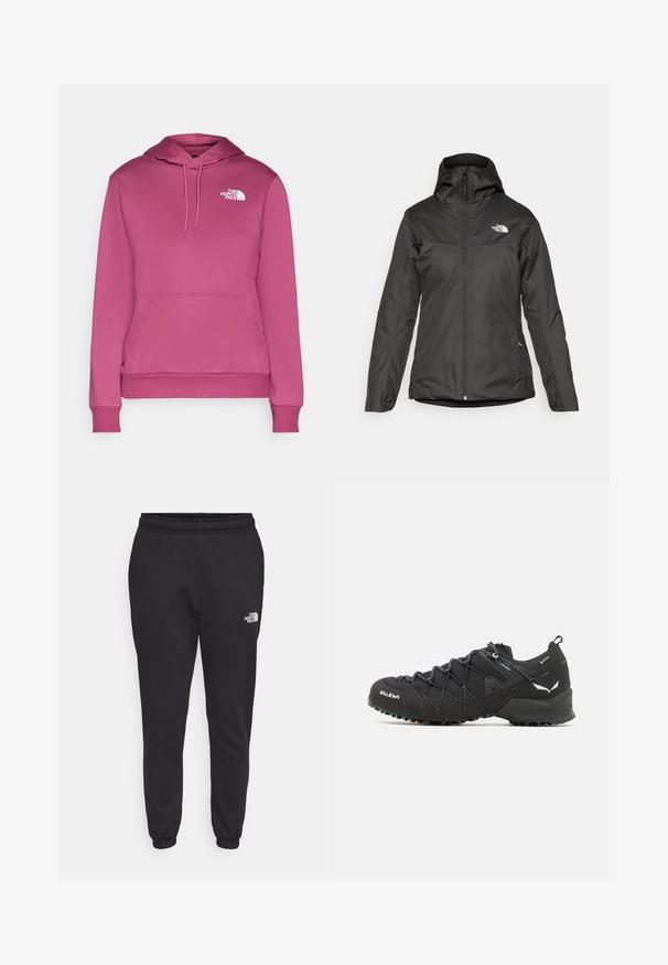 Casaco isolado preto com capuz, fecho frontal completo e punhos elásticos. Feito de um material liso e resistente à água com detalhe do logo.; Sweatshirt rosa com capuz feito de tecido macio, apresentando um bolso canguru na frente, punhos canelados e um logótipo branco no peito.; Calças de fato de treino pretas feitas de uma mistura suave de algodão. Apresentam uma cintura elástica, um design de perna afunilada e um pequeno logotipo branco no canto inferior direito.; Botas de caminhada pretas com parte superior em tecido texturizado, sistema de atacadores e sola de borracha robusta. Apresentam detalhes refletivos e logótipos.