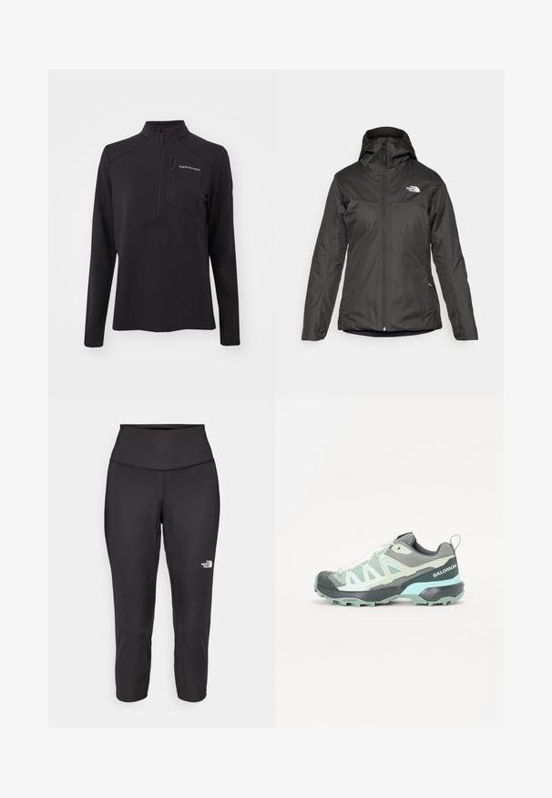 Giubbotto isolante nero con cappuccio, zip frontale completa e polsini elasticizzati. Realizzato in materiale liscio e resistente all'acqua con dettagli del logo.; Pullover nero a maniche lunghe realizzato in materiale testurizzato, con zip a metà, colletto alto e tasca sul petto con zip. Logo del marchio sul davanti.; Leggings capri neri realizzati in tessuto elastico, dotati di un alto punto vita e un piccolo logo bianco sul lato sinistro. Texture liscia.; Scarpa leggera da trail running in grigio e verde menta. Presenta una tomaia in rete, suola in gomma resistente e un sistema di allacciatura. Logo del marchio sul tallone.