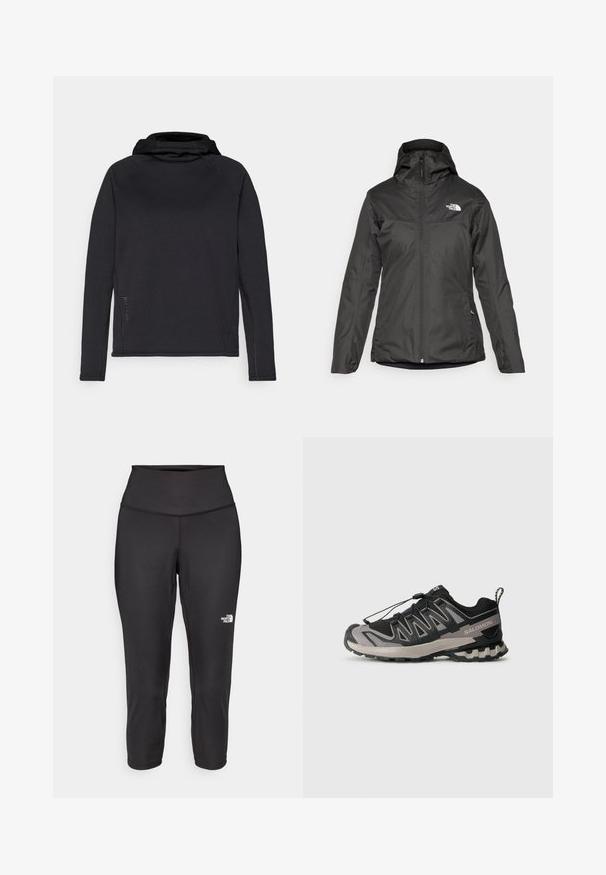 Casaco isolado preto com capuz, fecho frontal completo e punhos elásticos. Feito de um material liso e resistente à água com detalhe do logo.; Top com capuz de mangas longas na cor preta, feito de um tecido suave, com mangas raglan e costuras contrastantes ao longo das emendas para um detalhe adicional.; Leggings capri pretos feitos de um tecido elástico, com uma cintura alta e um pequeno logótipo branco no lado esquerdo. Textura suave.; Sapatilha desportiva em preto e cinza com parte superior em malha, sola em borracha e sistema de atacadores elásticos. Apresenta uma biqueira reforçada e detalhes texturizados.