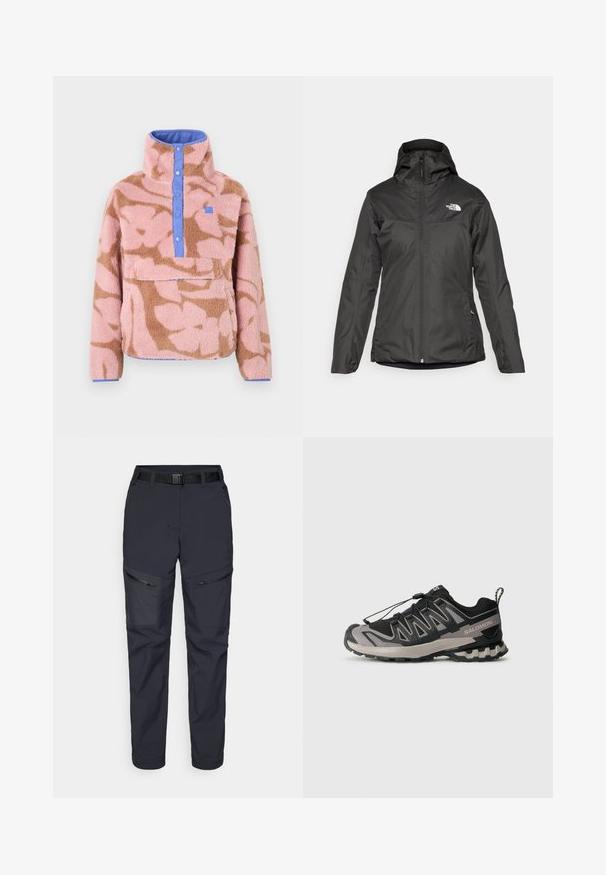 Giubbotto isolante nero con cappuccio, zip frontale completa e polsini elasticizzati. Realizzato in materiale liscio e resistente all'acqua con dettagli del logo.; Maglione in pile con motivo floreale in rosa e marrone, caratterizzato da un colletto alto, chiusura con bottoni blu e una tasca frontale.; Pantaloni outdoor della marina realizzati in materiale sintetico, dotati di tasche con cerniera, cintura e design a gamba affusolata. Texture liscia con accenti minimi.; Scarpa sportiva nera e grigia con tomaia in rete, suola in gomma e sistema di lacci elastici. Presenta una punta rinforzata e dettagli testurizzati.