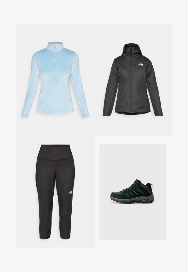 Giubbotto isolante nero con cappuccio, zip frontale completa e polsini elasticizzati. Realizzato in materiale liscio e resistente all'acqua con dettagli del logo.; Spyder SHIMMER BUG 1/2 ZIP - Felpa in pile - blue drift; Leggings capri neri realizzati in tessuto elastico, dotati di un alto punto vita e un piccolo logo bianco sul lato sinistro. Texture liscia.; Columbia REDMOND - Scarpa da hiking - black/citron haze