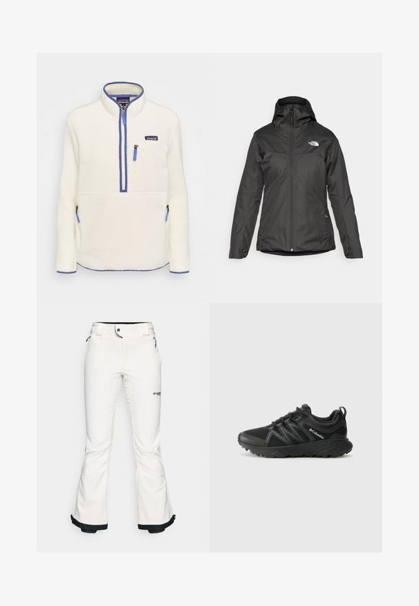 Sort isoleret jakke med hætte, fuld frontlynlås og elastiske manchetter. Lavet af glat, vandafvisende materiale med logodetaljer.; Fleece-pullover i hvid, med halvlynlås foran, blå lynlåsdetaljer, brystlomme og sidelommer. Glat tekstur, høj krave.; Hvide skibukser lavet af blødt, fleksibelt materiale. Har en tætsiddende talje, brede udvidede ben og sort trim ved manchetterne. Brandlogo synligt.; Columbia PEAKFREAK - Hikingsko - black