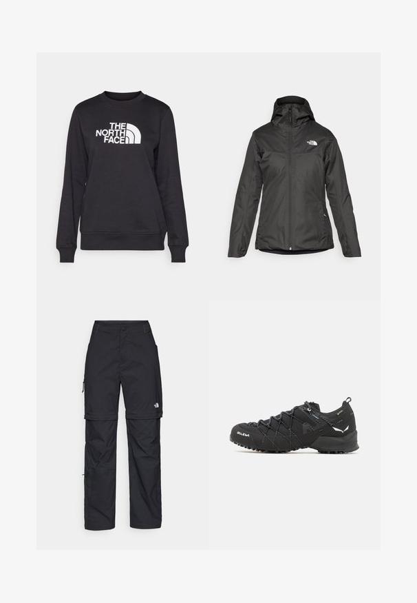 Chaqueta aislante negra con capucha, cremallera frontal completa y puños elásticos. Fabricada en material suave y resistente al agua con detalles de logotipo.; Sudadera negra con cuello redondo, mangas largas, puños acanalados y un logo blanco de "The North Face" centrado en el frente. Textura suave.; Pantalones cargo de nailon negro con cremallera desmontable, puños ajustables, múltiples bolsillos y un logotipo en la pierna derecha. Textura suave y ligera.; Zapatos de senderismo negros con una parte superior de tela texturizada, sistema de cordones y suela de goma resistente. Acabados con detalles reflectantes y logotipos.