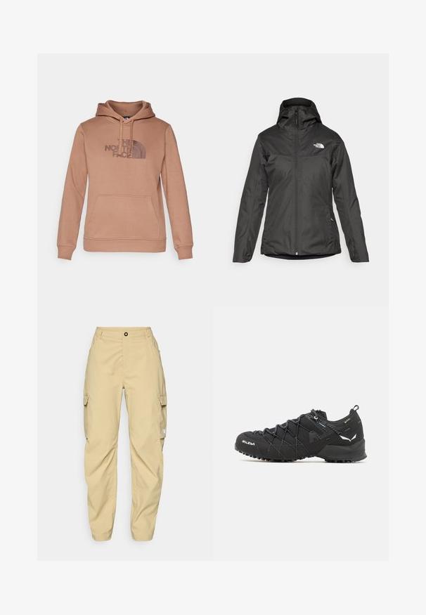 Czarna ocieplana kurtka z kapturem, pełnym zamkiem z przodu i elastycznymi mankietami. Wykonana z gładkiego, wodoodpornego materiału z detalem logo.; Brązowa bluza z kapturem, wykonana z miękkiego materiału, z kieszenią typu kangur i kapturem ze sznurkiem. Logo The North Face jest wyraźnie widoczne.; The North Face EXPLORATION khaki; Czarne buty trekkingowe z teksturowaną cholewką z tkaniny, systemem sznurowania i wytrzymałą gumową podeszwą. Udekorowane odblaskowymi detalami i logo.