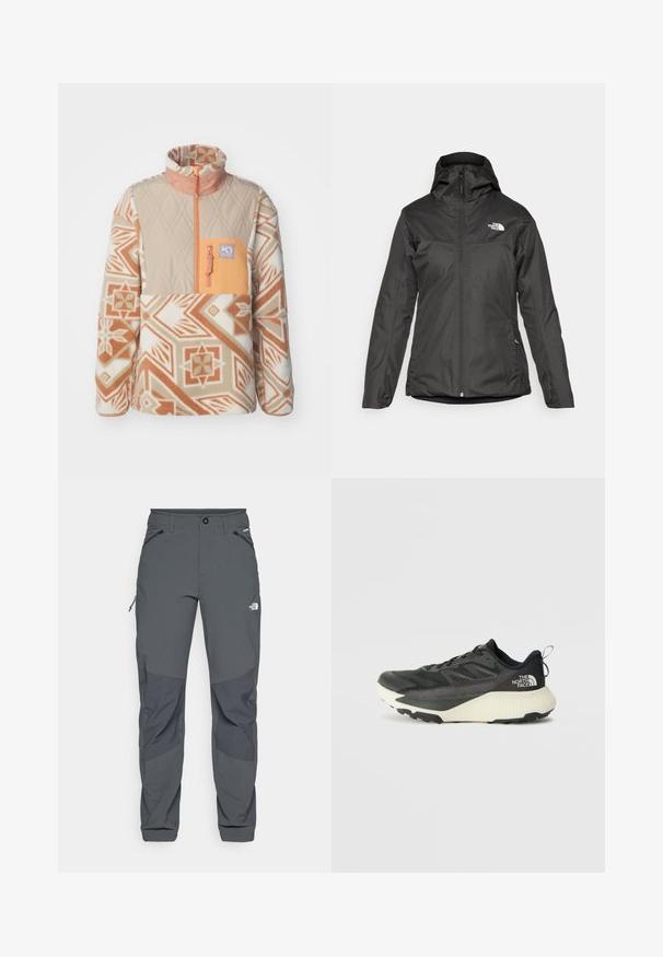 Črna izolirana jakna s kapuco, polnim sprednjim zadrgo in elastičnimi manšetami. Narejena iz gladkega, vodoodpornega materiala z logotipom.; Kari Traa ROTHE - Pulover iz flisa - light brown; Temno sivi zunanji hlače z ojačanimi koleni, zadrgo na stranskih in sprednjih žepih, gumbom za zapiranje ter logotipom The North Face na stegnu.; Črne atletske čevlje z teksturiranim zgornjim delom, ki imajo sivo obrobo in belo srednjo podplat. Vključujejo zanko za vprego in izstopajočo blagovno znamko na peti.