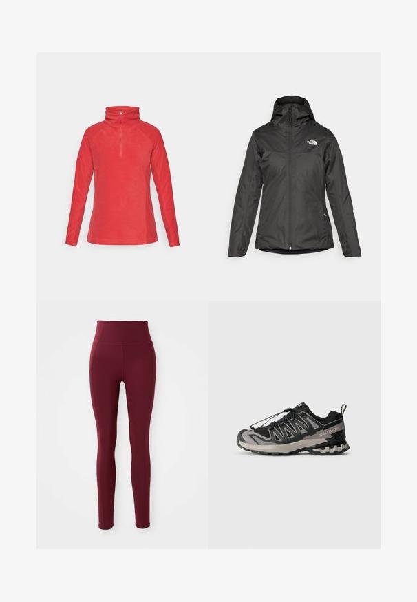 Casaco isolado preto com capuz, fecho frontal completo e punhos elásticos. Feito de um material liso e resistente à água com detalhe do logo.; Pulôver vermelho em fleece com gola alta, fecho de meia zip, mangas longas raglan, textura suave e design simples. Sem padrões ou detalhes.; Leggings bordeau de cintura alta feitos de tecido elástico, apresentando uma textura suave e um detalhe de bolso lateral.; Sapatilha desportiva em preto e cinza com parte superior em malha, sola em borracha e sistema de atacadores elásticos. Apresenta uma biqueira reforçada e detalhes texturizados.