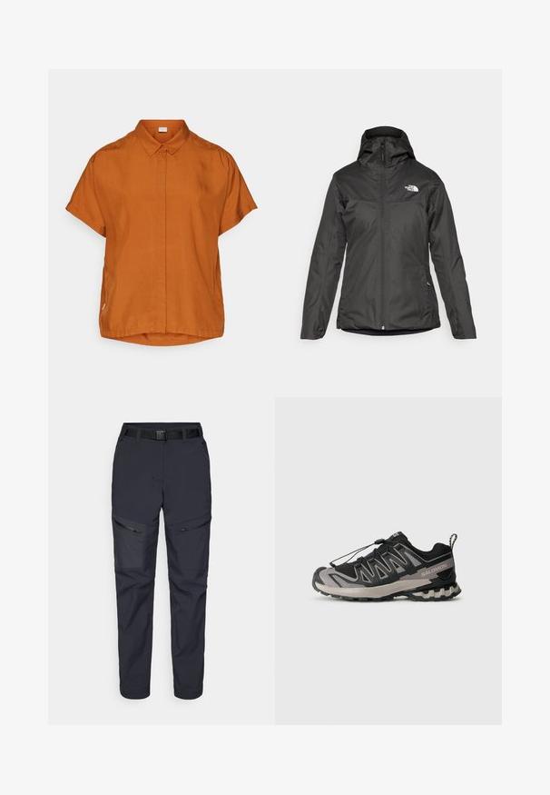 Zwarte geïsoleerde jas met capuchon, volledige rits aan de voorkant en elastische manchetten. Gemaakt van glad, waterafstotend materiaal met logodetail.; Korte mouwen oranje shirt van lichtgewicht stof, met een knoopsluiting aan de voorkant, kraag en een licht afgeronde zoom.; Marine outdoor broeken van synthetisch materiaal, met ritszakken, een riem en een taps toelopend ontwerp. Gladde textuur met minimale accenten.; Zwart en grijs sportieve schoen met een bovenwerk van mesh, rubberen zool en een elastisch vetersysteem. Heeft een verstevigde neus en textuuraccenten.