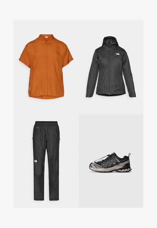 Musta eristävä takki, jossa on huppu, koko etuvetoketju ja joustavat hihansuut. Valmistettu sileästä, vettä hylkivästä materiaalista, jossa on logoyksityiskohta.; Lyhythihainen oranssi paita, joka on valmistettu kevyestä kankaasta. Paidassa on nappisuljenta, kaulus ja hieman pyöristetty helma.; Mustat vettä hylkivät housut kevyestä kankaasta, joissa on joustava vyötärö, sivutaskut ja logo vasemmassa lahkeessa.; Mustat ja harmaat urheilukengät, joissa on verkkosukkula, kumipohja ja joustava nauhajärjestelmä. Ominaisuuksiin kuuluu vahvistettu kärki ja teksturoidut yksityiskohdat.