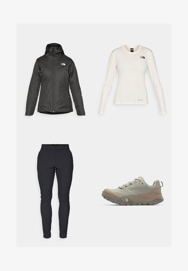 Zwarte geïsoleerde jas met capuchon, volledige rits aan de voorkant en elastische manchetten. Gemaakt van glad, waterafstotend materiaal met logodetail.; The North Face SHADOW LONG SLEEVE - Longsleeve - white dune; Zwarte, slim-fit broek van rekstof. Bevat een tailleband, ceintuurlussen en een rits aan de voorkant met een knoop. Geen zichtbare patroonen.; Lichtgrijze sportschoen met beige accenten, gemaakt van synthetisch materiaal. Voorzien van een robuuste zool, vetersluiting en branding aan de zijkant.