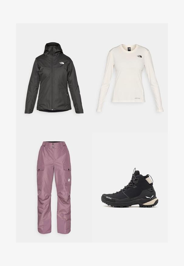 Fekete, szigetelt dzseki kapucnival, teljes elülső cipzárral és rugalmas mand zsebekkel. Zömében sima, vízálló anyagból készült, logó részlettel.; The North Face SHADOW LONG SLEEVE - Hosszú ujjú felső - white dune; Lazább szabású, lila vízálló hó nadrág, két nagy oldalsó zsebbel, patentgombokkal, megerősített térddel és logóval az alsó lábszáron.; Salewa PUEZ MID PTX - Túracipők - black