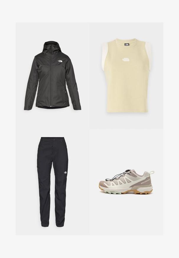Črna izolirana jakna s kapuco, polnim sprednjim zadrgo in elastičnimi manšetami. Narejena iz gladkega, vodoodpornega materiala z logotipom.; Bezrokavnik iz pastelno rumenega bombaža z okroglim izrezom. Vsebuje kontrastne kremne ramenske plošče in teksturiran logo na prsih.; Črne zunanje hlače iz lahkega materiala, z gumbom za zapiranje, žepi na zadrgo in majhnim logotipom na levi stegn.; Lahki trail čevlji z zgornjim delom iz bež in sivo mrežaste tkanine, črnimi vezalkami in fleksibilno gumijasto podlago v svetlo rjavi in metini zeleni barvi. Prisutno je diskretno blagovno znamčenje.