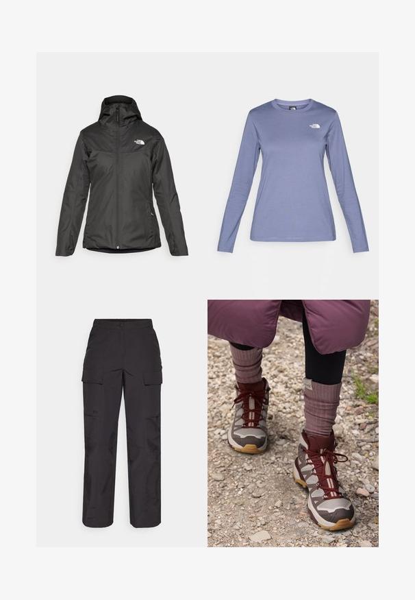 Jachetă neagră izolată, cu glugă, fermoar pe toată lungimea frontală și manșete elastice. Fabricată din material neted, rezistent la apă, cu detalii ale logo-ului.; Cămașă cu mâneci lungi dintr-un material violet deschis, cu guler rotund și logo-ul The North Face în alb pe partea stângă a pieptului. Textură netedă, croi lejer.; Pantaloni cargo negri dintr-un material durabil, cu mai multe buzunare laterale, închidere cu nasture și o croială lejeră cu picioare drepte.; Salomon X ULTRA 360 EDGE MID GTX - Pantofi drumeție - silver cloud/iron/rum raisin