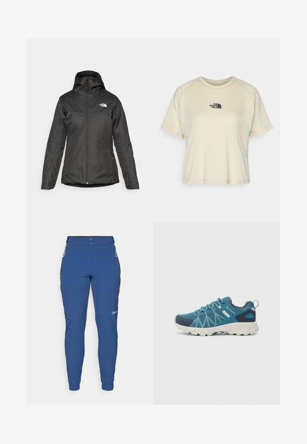 Črna izolirana jakna s kapuco, polnim sprednjim zadrgo in elastičnimi manšetami. Narejena iz gladkega, vodoodpornega materiala z logotipom.; Kremna kratka majica s kratkimi rokavi in okroglim izrezom ter raglan rokavi. Zgornji del prsnega koša krasi črn vezen logotip.; Modre elastične hlače s slim fit krojem, ki imajo dva žepa z zadrgo na straneh in elastične manšete, zasnovane za prosti čas na prostem.; Columbia PEAKFREAK™ II OUTDRY™ - Pohodniški čevlji - blue heron/skylight