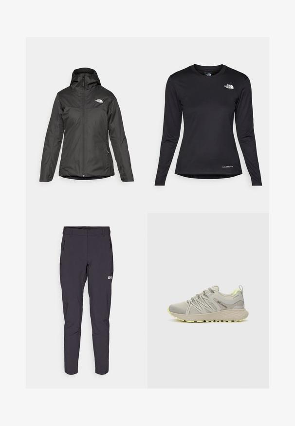 Črna izolirana jakna s kapuco, polnim sprednjim zadrgo in elastičnimi manšetami. Narejena iz gladkega, vodoodpornega materiala z logotipom.; The North Face SHADOW LONG SLEEVE - Majica z dolgimi rokavi - black; Planinske hlače v temno sivi barvi z ozkim krojem, izdelane iz fleksibilnega, vodoodpornega materiala. Imajo stranske žepke z zadrgo in detajl z logotipom.; Columbia PEAKFREAK - Pohodniški čevlji - dove/citron haze
