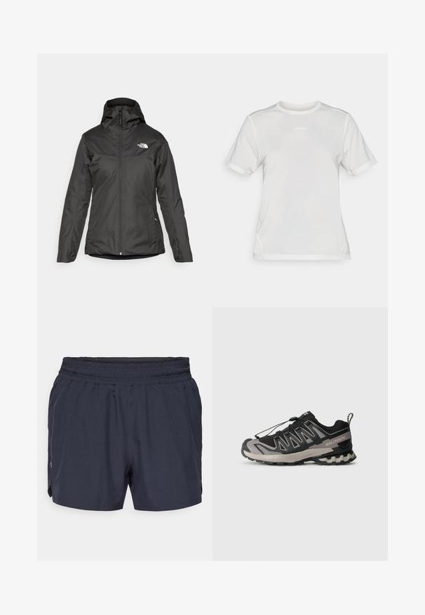 Črna izolirana jakna s kapuco, polnim sprednjim zadrgo in elastičnimi manšetami. Narejena iz gladkega, vodoodpornega materiala z logotipom.; Bela kratka majica iz mrežaste tkanine za šport z okroglim izrezom in majhnim logotipom "Salomon" centriranim na prsih.; Temno modri športni šort s elastičnim pasom, nabranim dizajnom in stranskimi žepi. Narejen iz lahkotnega, zračnega materiala.; Črne in sive športne čevlje z mrežasto zgornjim delom, gumijastim podplatom in elastiko za vezalke. Imajo ojačan prst in teksturirane detajle.