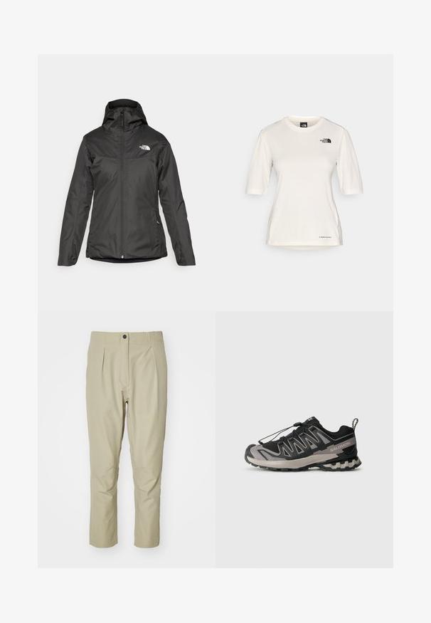 Svart isolert jakke med hette, full glidelås foran og elastiske mansjetter. Laget av glatt, vannavstøtende materiale med logo-detalj.; The North Face SHADOW SHORT SLEEVE - T-skjorte til trening - white dune; Beige bukser med lige snit, prydet med læg, en forlomma og en sort knap. Fremstillet af glat stof med en blød tekstur.; Svart og grå atletisk sko med mesh-overdel, gummisåle og elastisk snøresystem. Har forsterket tå og teksturerte detaljer.