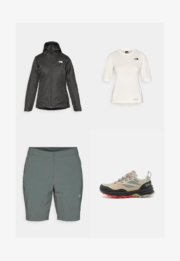 Black insulated jacket featuring a hood, full front zip, and elastic cuffs. Made of smooth, water-resistant material with logo detail.; The North Face SHADOW SHORT SLEEVE - Sports T-shirt - white dune; Gray cargo shorts made of lightweight material, featuring a regular fit, side pockets, and a subtle logo on the front.; Beige and black outdoor shoe with a textured upper, rubber sole, red accents, and gray detailing. Features lace-up design and padded collar.