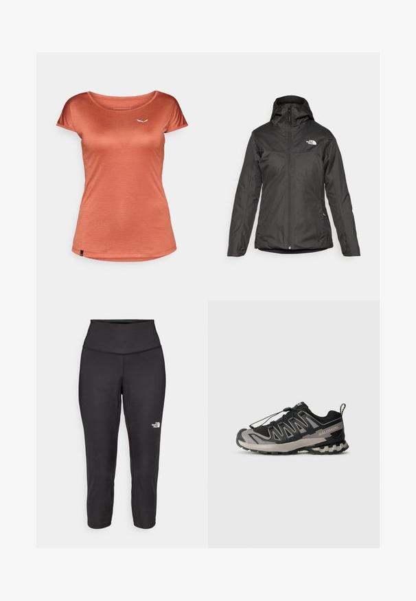 Fekete, szigetelt dzseki kapucnival, teljes elülső cipzárral és rugalmas mand zsebekkel. Zömében sima, vízálló anyagból készült, logó részlettel.; Rozsdabarna színű póló, rövid ujjú, kerek nyakkivágással, könnyű anyagból készült, a bal mellrészen egy kis fehér logóval, sima tapintású.; Fekete capri leggings, rugalmas anyagból készült, magas derékkal és egy kis fehér logóval a bal oldalon. Sima tapintású.; Fekete és szürke sportcipő hálós felsővel, gumitalppal és elasztikus fűzőrendszerrel. Erősített orra és textúrázott részletei vannak.