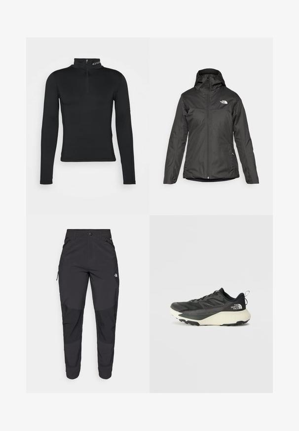 Čierna zateplená bunda s kapucňou, plným predným zipsom a elastickými manžetami. Vyrobená z hladkého, vodeodolného materiálu s detailom loga.; Čierna základná vrstva s dlhými rukávmi, vysokým golierom a štvrťzipovým zapínaním. Hladká textúra a priliehavý strih pre optimalizovaný výkon.; Čierne vonkajšie nohavice vyrobené z odolného materiálu. Obsahujú vrecká na zips, zosilnené kolenné panely a rovný strih pre pohyblivosť.; Čierna atletická obuv s textúrovaným vrchom, s šedými akcentmi a bielou medzipodrážkou. Obsahuje pútko a výrazné logo značky na päte.