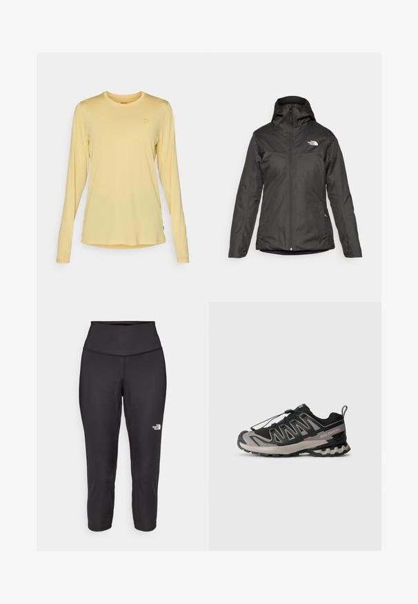 Czarna ocieplana kurtka z kapturem, pełnym zamkiem z przodu i elastycznymi mankietami. Wykonana z gładkiego, wodoodpornego materiału z detalem logo.; Koszula z długim rękawem w jasnym odcieniu żółtego, wykonana z miękkiego materiału. Posiada okrągły dekolt i subtelny detal z logo na piersi. Gładka tekstura.; Czarne legginsy capri z elastycznego materiału, z wysokim pasem i małym białym logo po lewej stronie. Gładka faktura.; Czarno-szare buty sportowe z siateczkową cholewką, gumową podeszwą i elastycznym systemem sznurowania. Posiadają wzmocniony czubek i teksturowane akcenty.