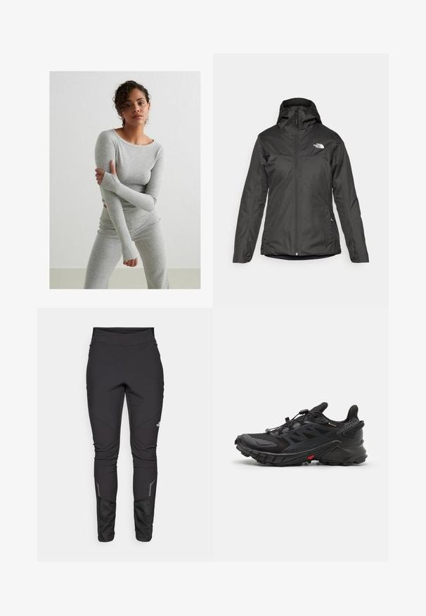 Čierna zateplená bunda s kapucňou, plným predným zipsom a elastickými manžetami. Vyrobená z hladkého, vodeodolného materiálu s detailom loga.; Sivý top s dlhým rukávom a zodpovedajúcimi legínami vyrobený z rebrovej tkaniny, s otvormi na palce a okrúhlym výstrihom, na jednoduchom pozadí.; Čierne vonkajšie nohavice s priliehavým strihom, odolnou tkaninou, reflexnými akcentmi a bočným prešívaním pre lepšiu pohyblivosť a pohodlie.; Čierne atletické topánky s textúrovaným zvrškom, vybavené bezpečným systémom šnurovania, čalúnenou podrážkou a výrazným červeným akcentom po boku.