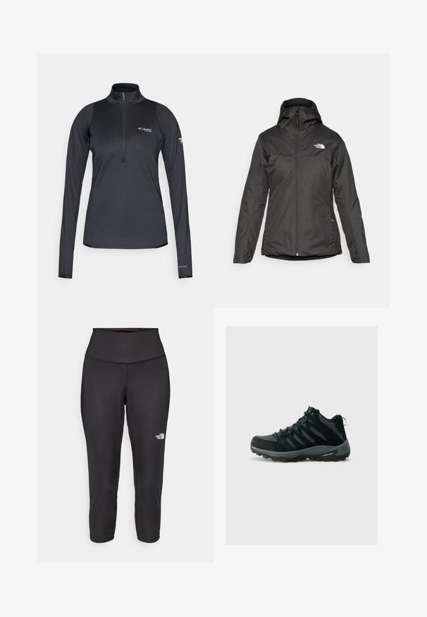 Crna izolirana jakna s kapuljačom, punim prednjim zatvaračem i elastičnim manžetama. Izrađena od glatkog, vodoodpornog materijala s detaljem loga.; Crni Columbia Titanium dugih rukava atletski pulover s četvrtim rajsferšlusom i Omni-Heat oznakom na manžeti lijevog rukava.; Crne capri tajice izrađene od rastezljivog materijala, s visokim strukom i malim bijelim logotipom s lijeve strane. Glatka tekstura.; Columbia REDMOND - Obuća za pješačenje - black/citron haze