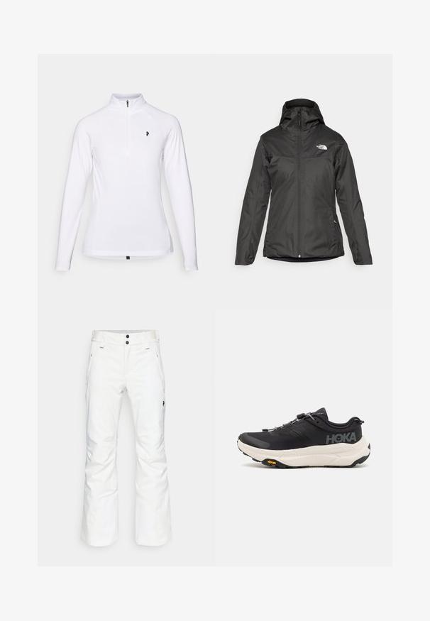 Čierna zateplená bunda s kapucňou, plným predným zipsom a elastickými manžetami. Vyrobená z hladkého, vodeodolného materiálu s detailom loga.; Biely pullover s dlhým rukávom a golierom na štvrťový zips, s čiernym logom na hrudi a hladkým, ľahkým materiálom.; Biele snehové nohavice s rovnými nohavicami, dvoma prednými vreckami a dvoma čiernymi gombíkmi. Textúrovaná tkanina s čiernym značkovým detailom.; Čierne športové topánky s priedušným sieťovým zvrškom, gumovou podrážkou, bielou tlmiacou medzipodrážkou a reflexnými šnúrkami. Logo Vibram na podrážke.