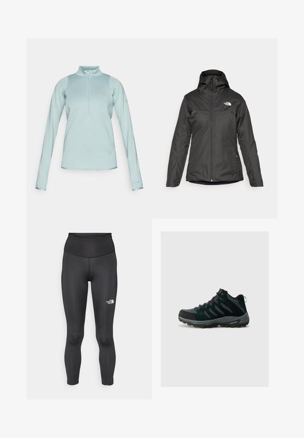 Čierna zateplená bunda s kapucňou, plným predným zipsom a elastickými manžetami. Vyrobená z hladkého, vodeodolného materiálu s detailom loga.; Svetlomodrý pulóver s dlhým rukávom a polovičným zipsom vpredu, textúrovaná tkanina, hladké akcenty a logo "Columbia" na hrudi a rukáve.; Vysoko pásikové čierne legíny vyrobené z hladkej, elastickej tkaniny. Obsahujú logo na dolnej časti nohy a priliehavú dĺžku pri členkoch.; Columbia REDMOND - Turistické topánky - black/citron haze