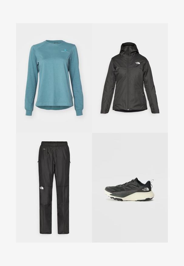 Schwarze isolierte Jacke mit Kapuze, durchgehendem Reißverschluss und elastischen Bündchen. Hergestellt aus glattem, wasserabweisendem Material mit Logodetail.; Klättermusen ROOT LOGO TEE - Langarmshirt - frost green; Schwarze wasserdichte Hose aus leichtem Material, mit elastischem Bund, Seitentaschen und einem Logo am linken Bein.; Schwarzer Sportschuh mit strukturiertem Obermaterial, ausgestattet mit grauen Akzenten und einer weißen Zwischensohle. Enthält eine Zuglasche und ein markantes Markenlogo an der Ferse.