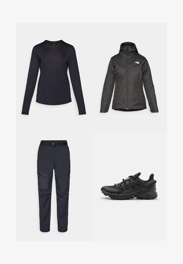 Crna izolirana jakna s kapuljačom, punim prednjim zatvaračem i elastičnim manžetama. Izrađena od glatkog, vodoodpornog materijala s detaljem loga.; Majica dugih rukava u tamnoplavoj boji, izrađena od mekanog materijala s okruglim izrezom, suptilnom teksturom i zaobljenim rubom. Sadrži malu oznaku s logotipom.; Mornarske hlače za vanjske aktivnosti napravljene od sintetičkog materijala, sa zatvorenim džepovima na patentni zatvarač, remenom i dizajnom sužene nogavice. Glatka tekstura s minimalnim akcentima.; Crne atletske cipele s teksturiranim gornjom dijelu, sa sigurnim sistemom vezivanja, ublaženim đonom i istaknutim crvenim akcentom sa strane.