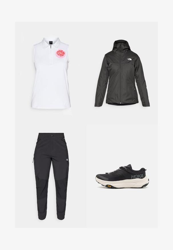 Černá izolovaná bunda s kapucí, plným předním zipem a elastickými manžetami. Vyrobena z hladkého, voděodolného materiálu s detailním logem.; Bílá bezrukávová polo tričko s límečkem na zip. Na oblasti hrudi je vyobrazena růžová kruhová grafika připomínající plodinu na plátky. Měkká textura látky.; Černé venkovní kalhoty vyrobené z odolné tkaniny. Mají zipové kapsy, zesílené kolenní panely a rovný střih pro větší pohyblivost.; Černé sportovní boty s prodyšným síťovaným svrškem, gumovou podrážkou, bílou polstrovanou mezipodrážkou a reflexními tkaničkami. Logo Vibram na podrážce.