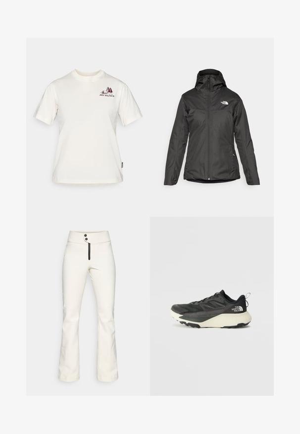Zwarte geïsoleerde jas met capuchon, volledige rits aan de voorkant en elastische manchetten. Gemaakt van glad, waterafstotend materiaal met logodetail.; Jack Wolfskin CADENA - T-shirt print - white; Witte skibroek met een hoge tailleband, voorzien van twee zwarte knopen en een centrale rits. Glad oppervlak met versterkte knieën. Lichtjes uitlopende pijpen.; Zwarte sportieve schoen met een gestructureerde bovenkant, voorzien van grijze accenten en een witte tussenzool. Inclusief een trekhaak en een opvallend merklogo op de hiel.