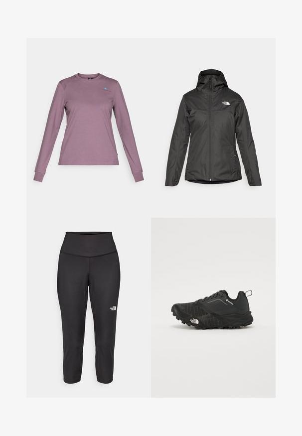 Black insulated jacket featuring a hood, full front zip, and elastic cuffs. Made of smooth, water-resistant material with logo detail.; Long-sleeve shirt in muted lavender. Made of soft fabric with a crew neckline, featuring a small blue logo on the chest and fitted sleeves.; Black capri leggings made from stretchy fabric, featuring a high waistband and a small white logo on the left side. Smooth texture.; Black athletic shoe with a textured upper, laces, and a rubber outsole. Features a reinforced heel and a logo on the side.