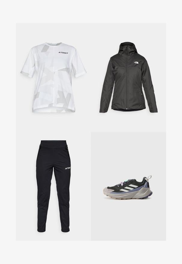 Fekete, szigetelt dzseki kapucnival, teljes elülső cipzárral és rugalmas mand zsebekkel. Zömében sima, vízálló anyagból készült, logó részlettel.; Fehér, rövid ujjú ing, geometrikus szürke mintázattal és kerek nyakkal. Logó a mellkason. Könnyű anyag, amely aktív öltözködéshez alkalmas.; Fekete sportnadrág sima anyagból, testhezálló fazonnal, cipzáras zsebekkel és texturált alsó résszel. Az elején logó nyomtatva.; Fekete sportcipő Gore-Tex felsőrésszel, fehér csíkokkal, lila részletekkel, vastag szürke középtalppal és textúrált szürke talppal a tapadásért.